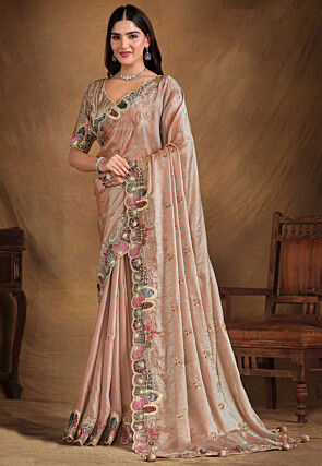 Embroidered Satin Silk Scalloped Saree in Peach