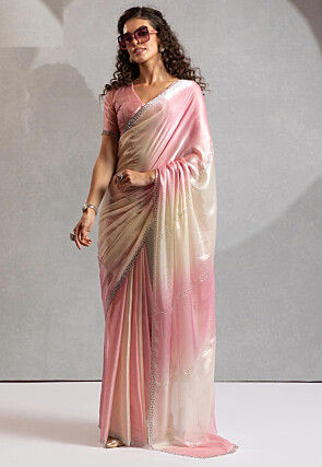 Embroidered Satin Silk Scalloped Saree in Pink and Off White