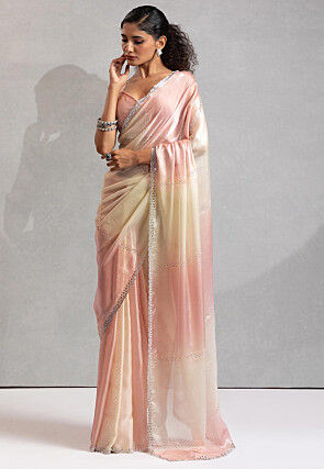 Embroidered Satin Silk Scalloped Saree in Pink and Off White
