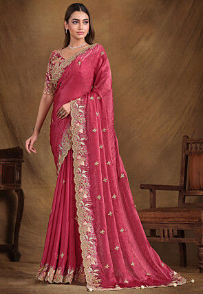 Embroidered Satin Silk Scalloped Saree in Pink