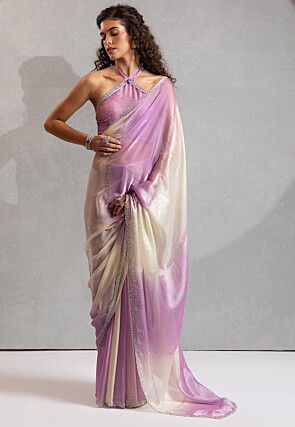Embroidered Satin Silk Scalloped Saree in Purple and Off White