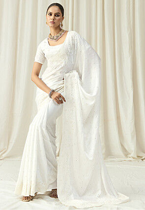 Embroidered Satin Silk Scalloped Saree in White