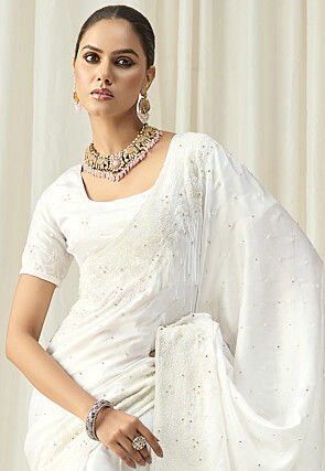 Embroidered Satin Silk Scalloped Saree in White