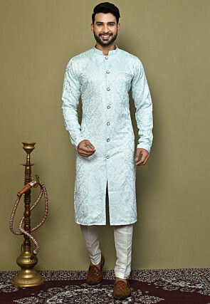 Embroidered Satin Silk Sherwani in Light Blue