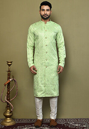 Embroidered Satin Silk Sherwani in Light Green