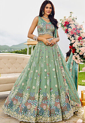 Embroidered Satin Silk Shimmer Lehenga in Light Green