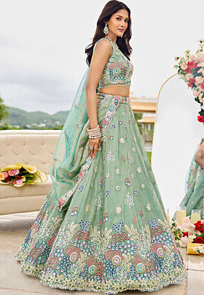 Embroidered Satin Silk Shimmer Lehenga in Light Green