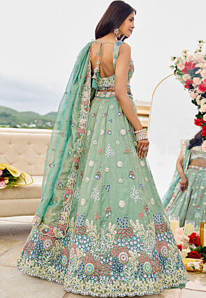 Embroidered Satin Silk Shimmer Lehenga in Light Green