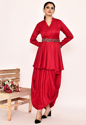 Embroidered Satin Silk Tunic Set in Red