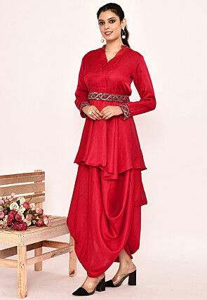 Embroidered Satin Silk Tunic Set in Red