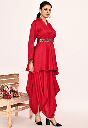 Embroidered Satin Silk Tunic Set in Red