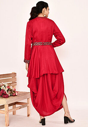 Embroidered Satin Silk Tunic Set in Red