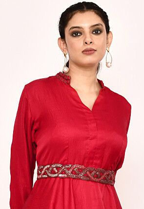 Embroidered Satin Silk Tunic Set in Red