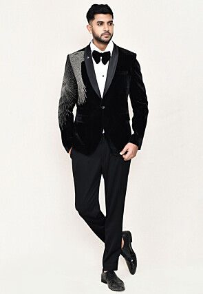 Embroidered Satin Silk Tuxedo in Off White