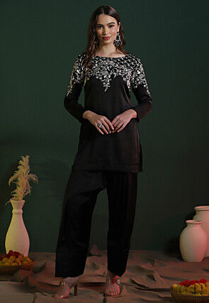 Embroidered Satin Straight Kurti Set in Black