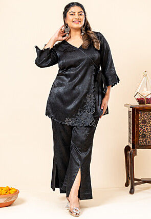 Embroidered Satin Top Set in Black