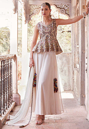 Embroidered Satin Tunic Set in Beige