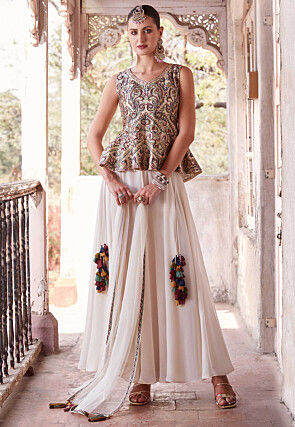 Embroidered Satin Tunic Set in Beige