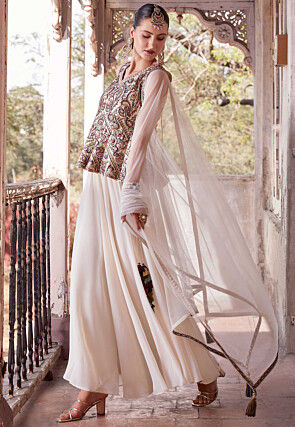 Embroidered Satin Tunic Set in Beige