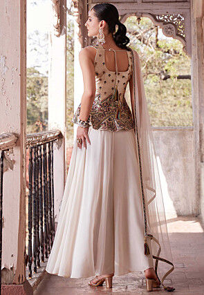 Embroidered Satin Tunic Set in Beige