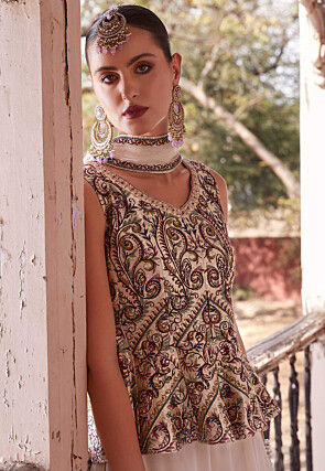 Embroidered Satin Tunic Set in Beige