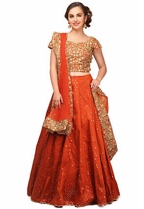 Embroidered Scalloped Art Silk Lehenga in Rust