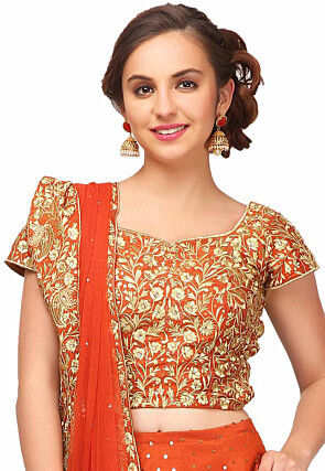 Embroidered Scalloped Art Silk Lehenga in Rust