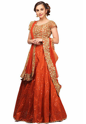 Embroidered Scalloped Art Silk Lehenga in Rust