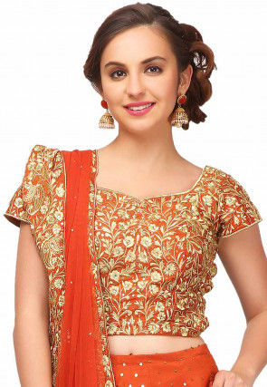 Embroidered Scalloped Art Silk Lehenga in Rust