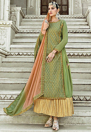 Embroidered Shantoon Abaya Style Suit in Green