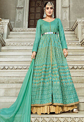 Embroidered Shantoon Abaya Style Suit in Teal Green