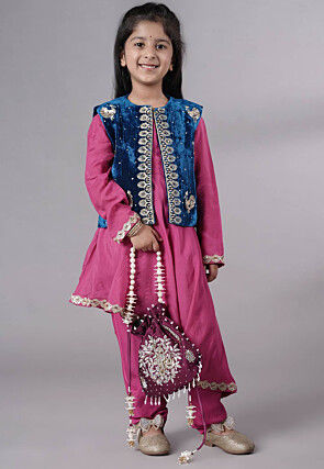 Embroidered Shantoon Asymmetric Kurta Set in Pink