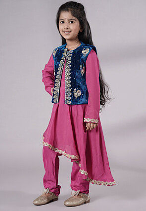 Embroidered Shantoon Asymmetric Kurta Set in Pink
