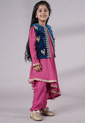 Embroidered Shantoon Asymmetric Kurta Set in Pink