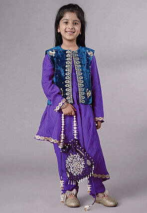 Embroidered Shantoon Asymmetric Kurta Set in Purple and Blue