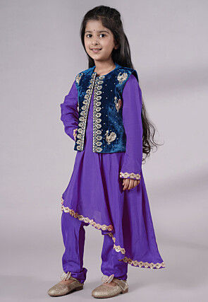 Embroidered Shantoon Asymmetric Kurta Set in Purple and Blue