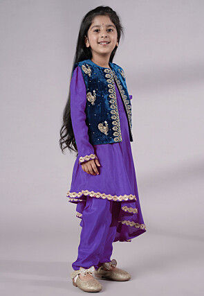 Embroidered Shantoon Asymmetric Kurta Set in Purple and Blue