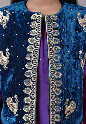 Embroidered Shantoon Asymmetric Kurta Set in Purple and Blue