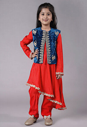 Embroidered Shantoon Asymmetric Kurta Set in Red and Teal Blue
