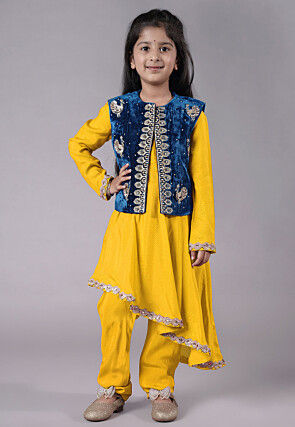 Embroidered Shantoon Asymmetric Kurta Set in Yellow and Blue