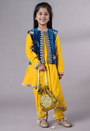 Embroidered Shantoon Asymmetric Kurta Set in Yellow and Blue