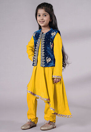 Embroidered Shantoon Asymmetric Kurta Set in Yellow and Blue