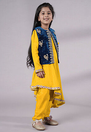 Embroidered Shantoon Asymmetric Kurta Set in Yellow and Blue