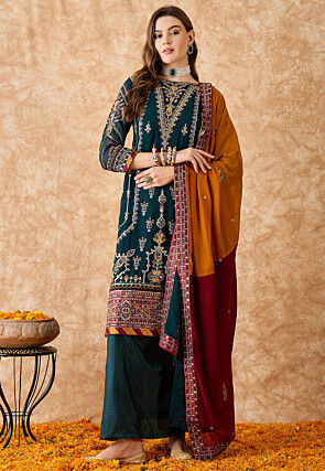 Embroidered Shantoon Lehenga in Teal Green
