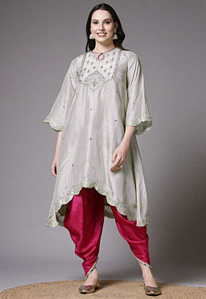 Embroidered Shantoon Scalloped Punjabi Suit in Grey