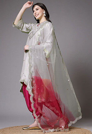 Embroidered Shantoon Scalloped Punjabi Suit in Grey