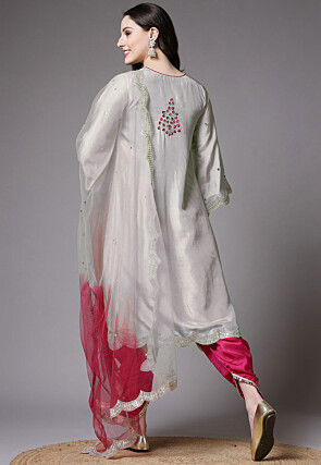 Embroidered Shantoon Scalloped Punjabi Suit in Grey