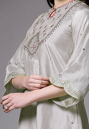 Embroidered Shantoon Scalloped Punjabi Suit in Grey