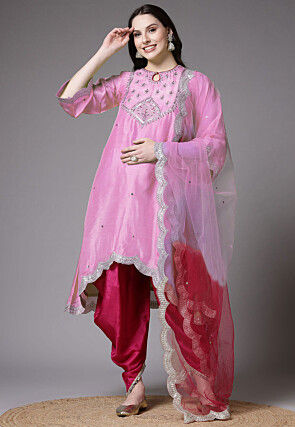 Embroidered Shantoon Scalloped Punjabi Suit in Pink
