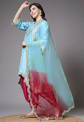 Embroidered Shantoon Scalloped Punjabi Suit in Sky Blue